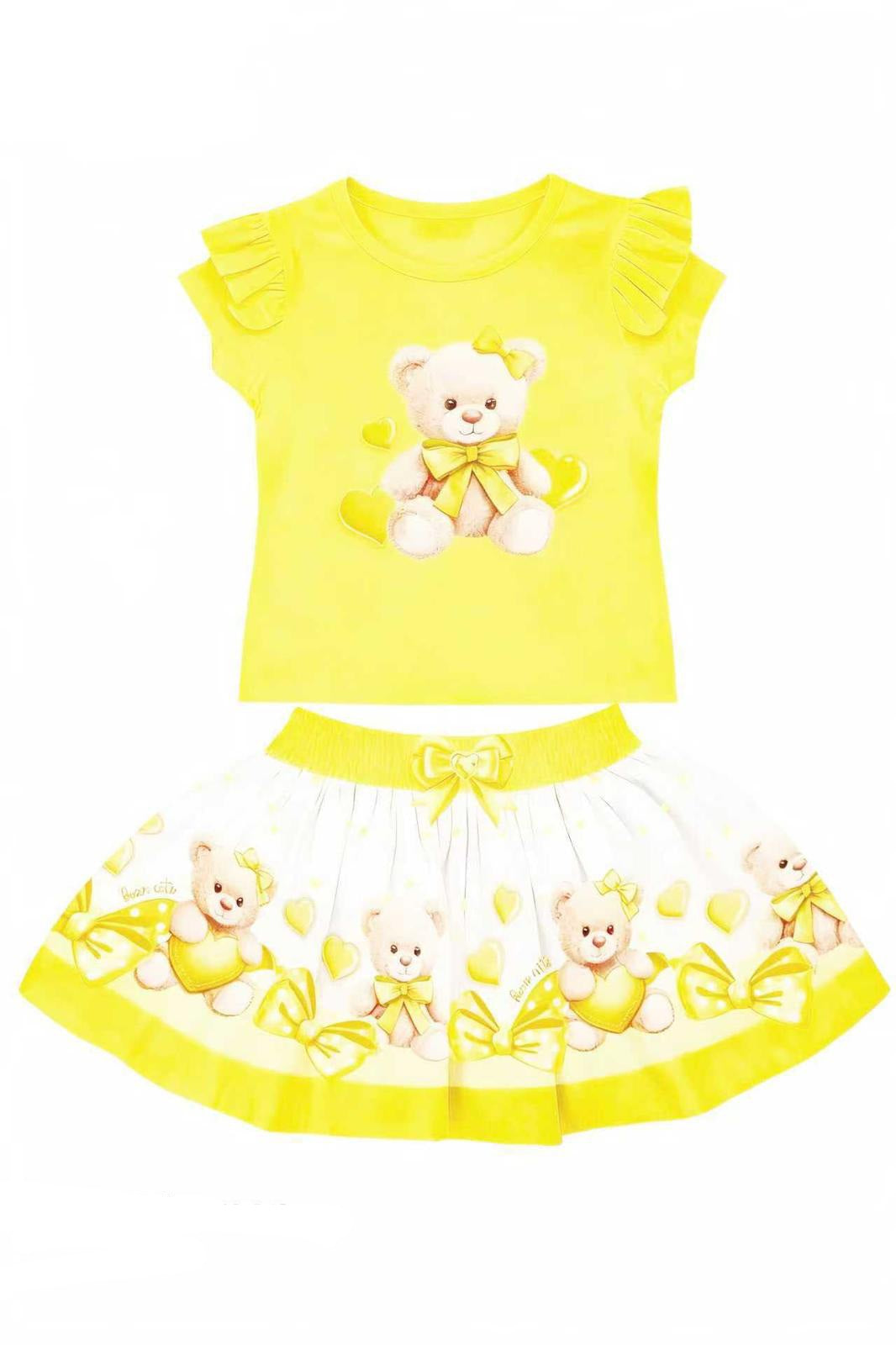 Yellow Teddybear Heart Top & Skirt Set