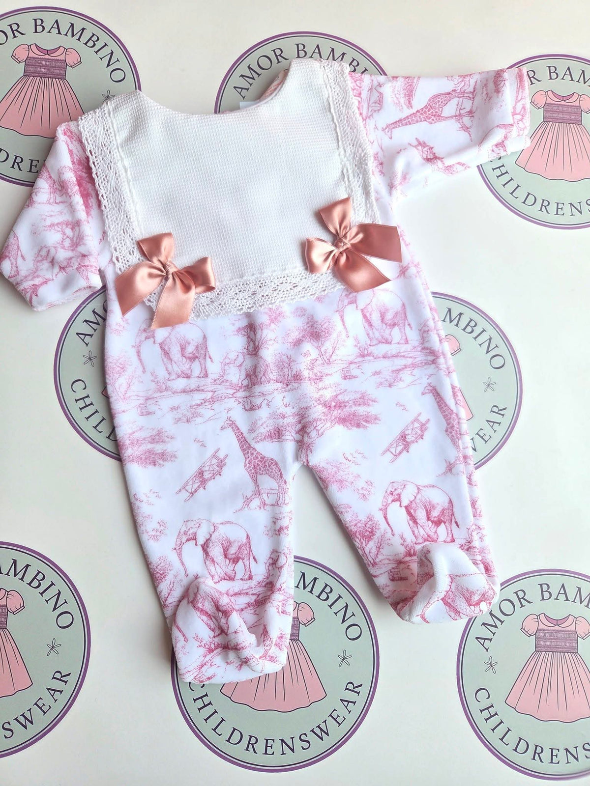 Baby Girls Cherry Red Bow Bib Safari Velour Babygrow