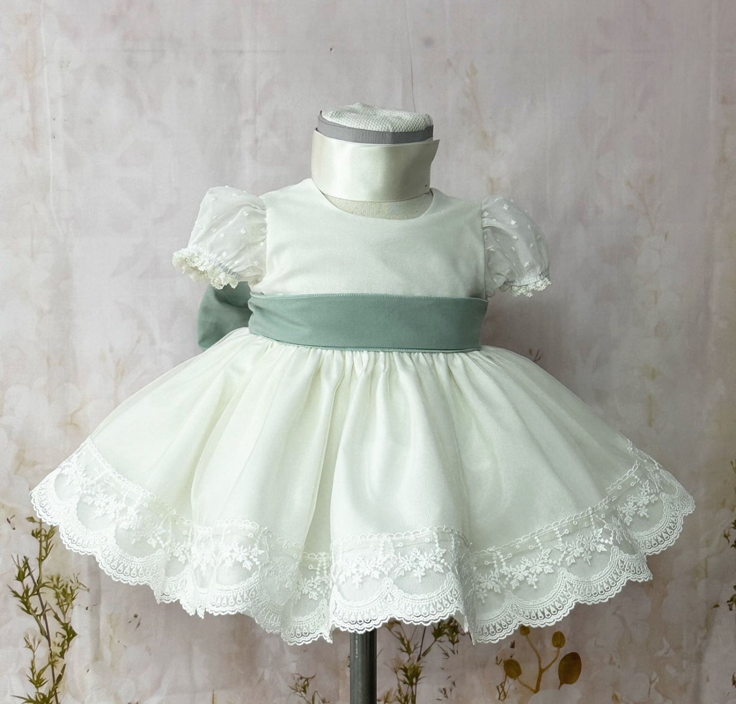 Sonata Ceremony Teal Sash White Dove Dress - (Made To Order)