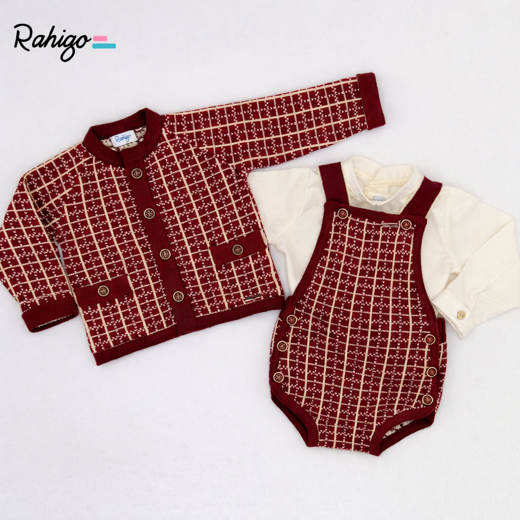 Rahigo Baby Boys Burgandy & Cream Cardigan, Romper & Shirt Set - AW26 (Preorder)