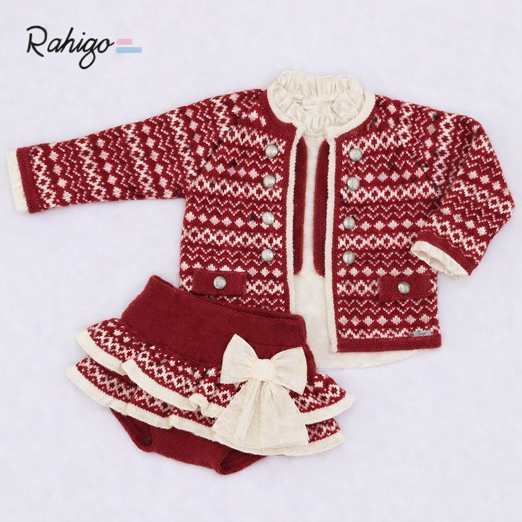 Rahigo Baby Girls Burgundy Red & Cream Cardigan, Blouse & Skirt Set - AW26 (Preorder)