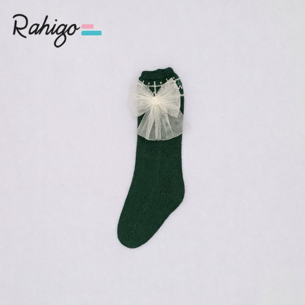 Rahigo Girls Bottle Green & Camel Tulle Bow Socks - AW26 (Preorder)