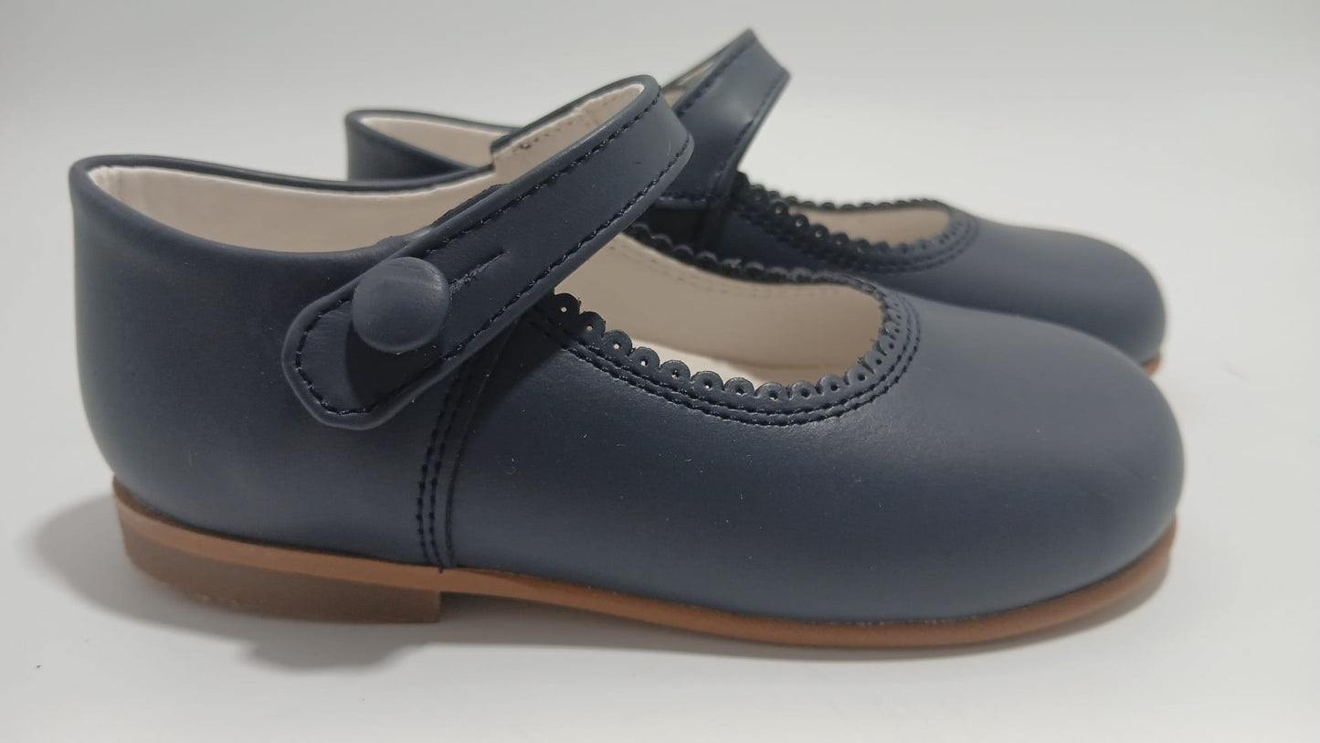 Girls Navy Matte Leather Button Mary Jane Shoes (Preorder)