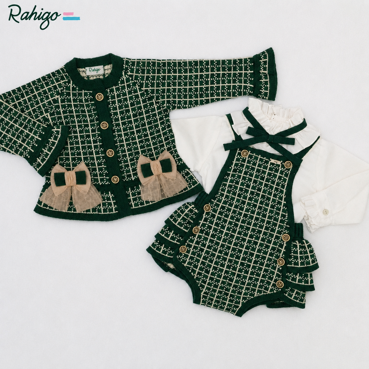 Rahigo Baby Girls Bottle Green & Camel Cardigan, Blouse & Pinafore Set - AW26 In Stock