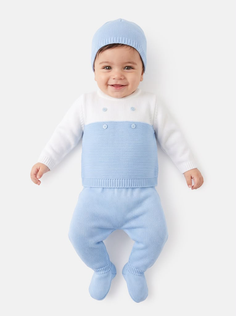 Baby Boys White & Blue 3 piece Knitted Set