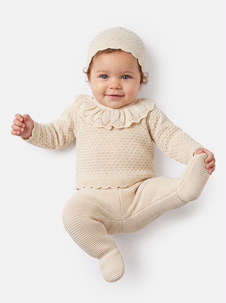Baby Girls Ruffle Collar Beige 3 piece Knitted Set