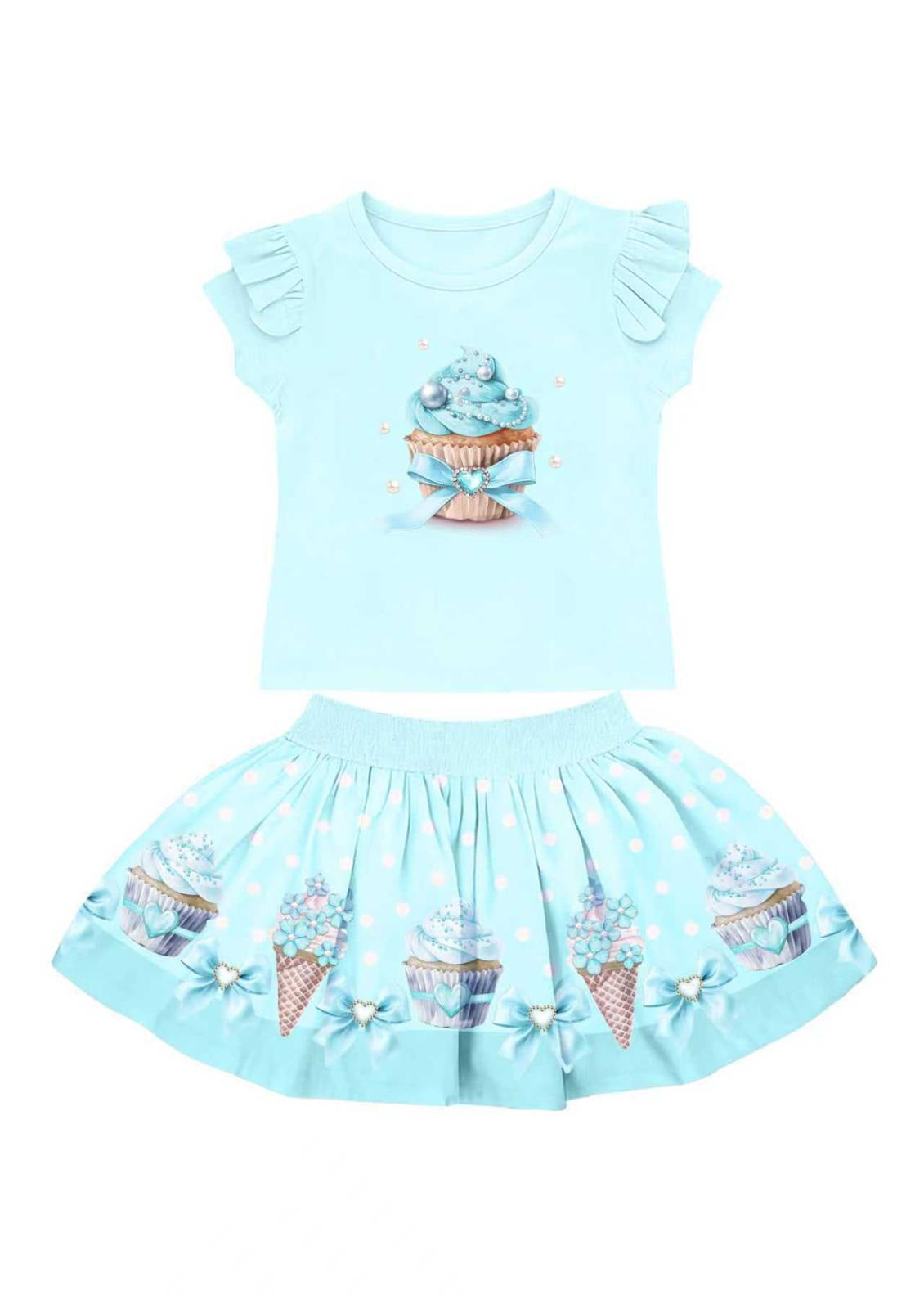 Blue Cupcake & Ice Cream Top & Skirt Set