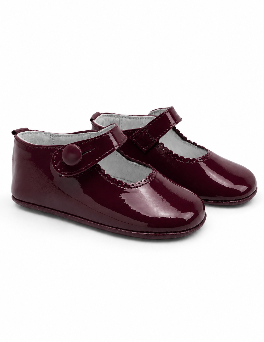Burgandy Patent Leather Baby Girls Button Pram Shoes (Preorder)