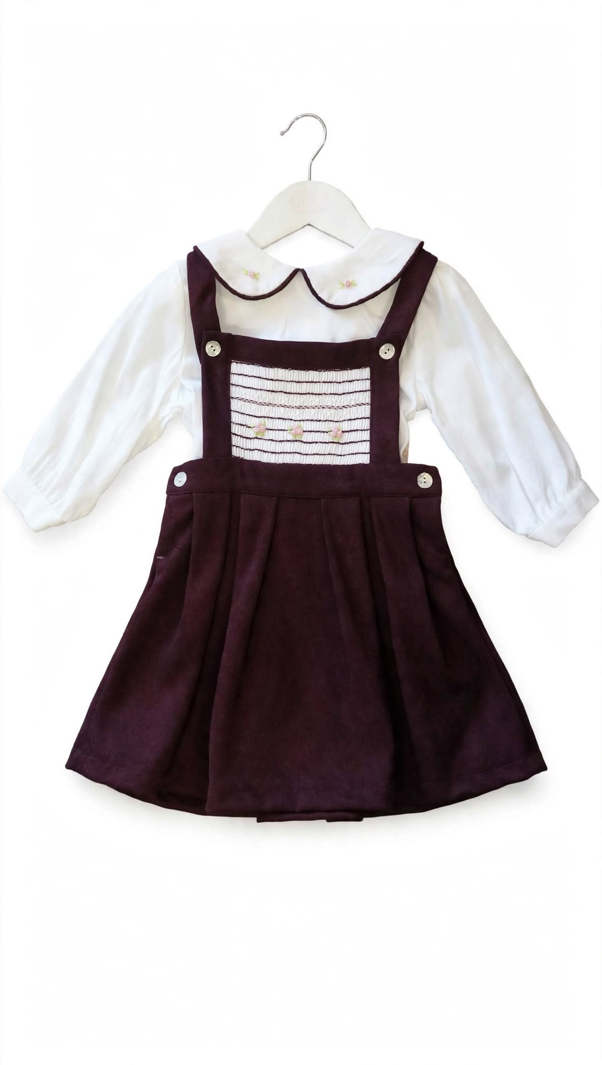 Girls Burgandy Pinafore Smocked Dress & Blouse