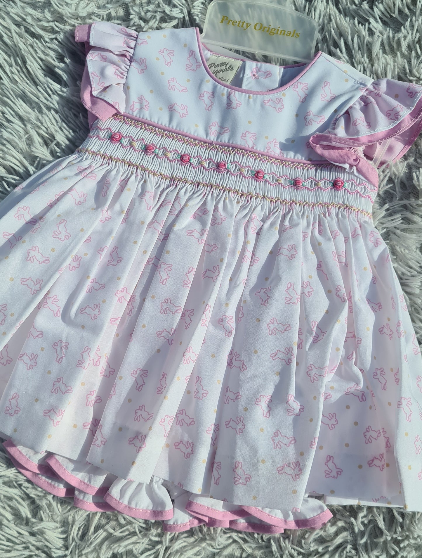 Girls Pink Bunny Hand Smocked Dress Set