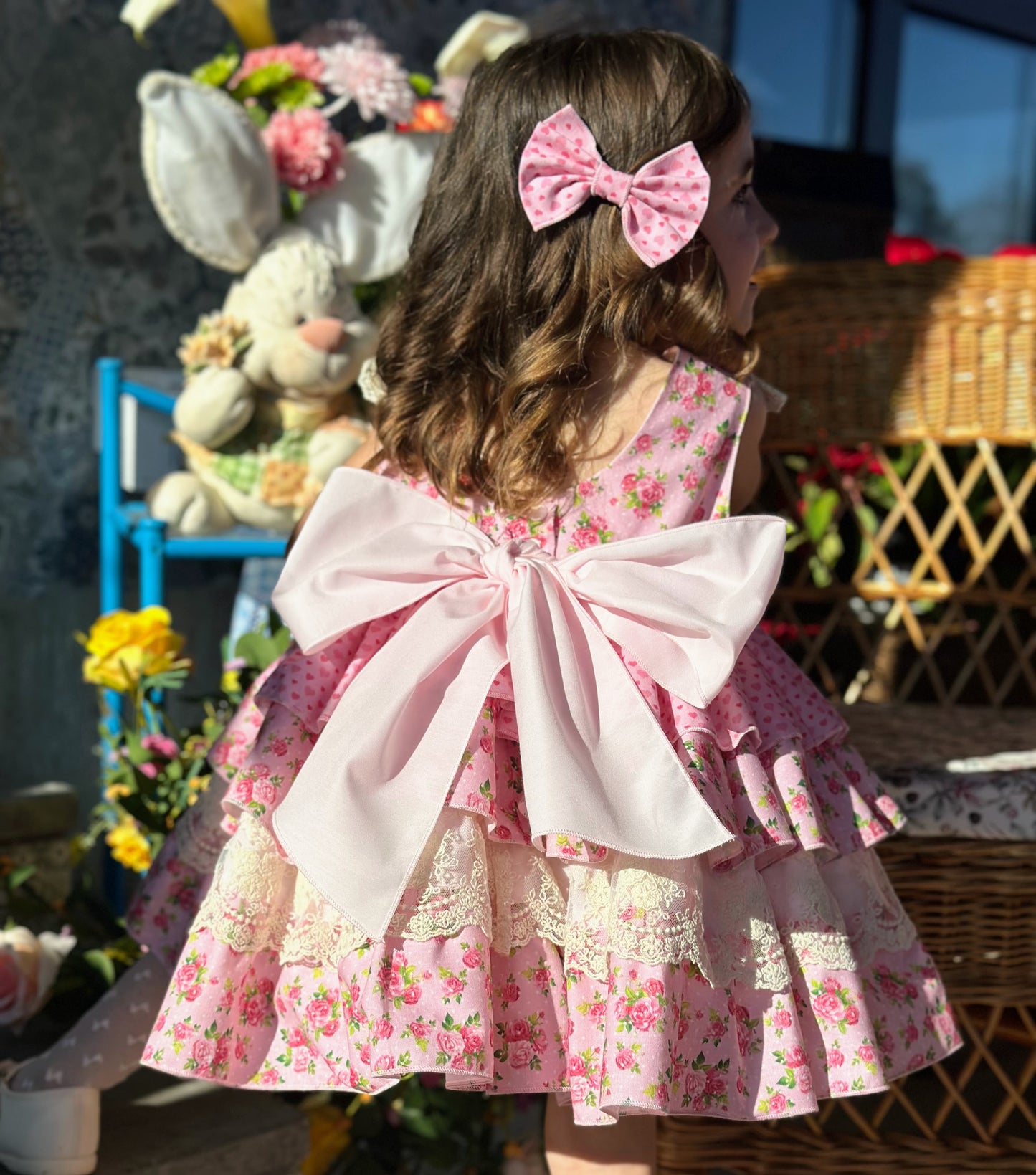 Sonata Roses & Hearts Layered Ruffle Dress & Hair Bow - (Made To Order)