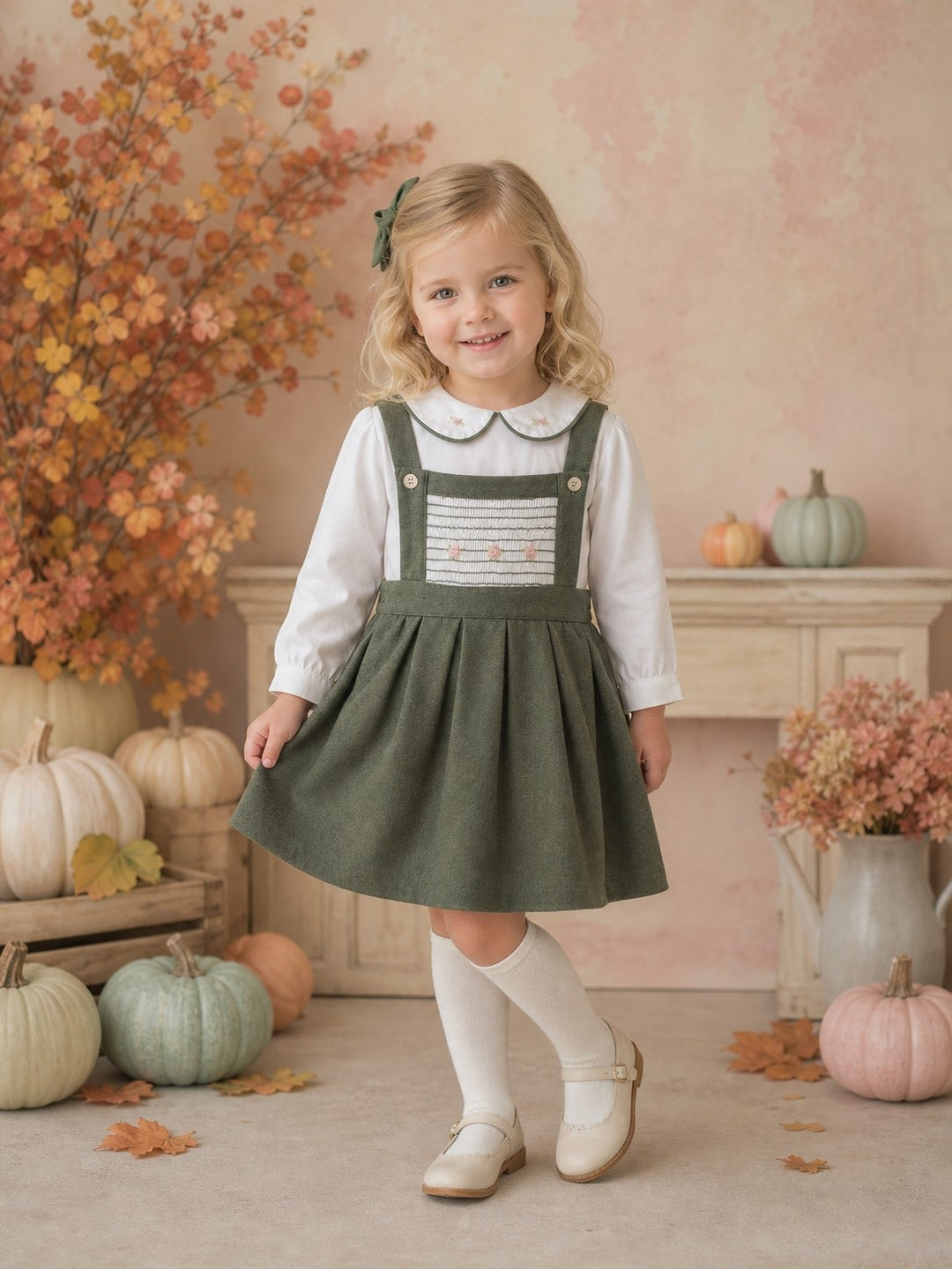 Girls Green Pinafore Smocked Dress & Blouse
