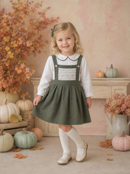 Girls Green Pinafore Smocked Dress & Blouse