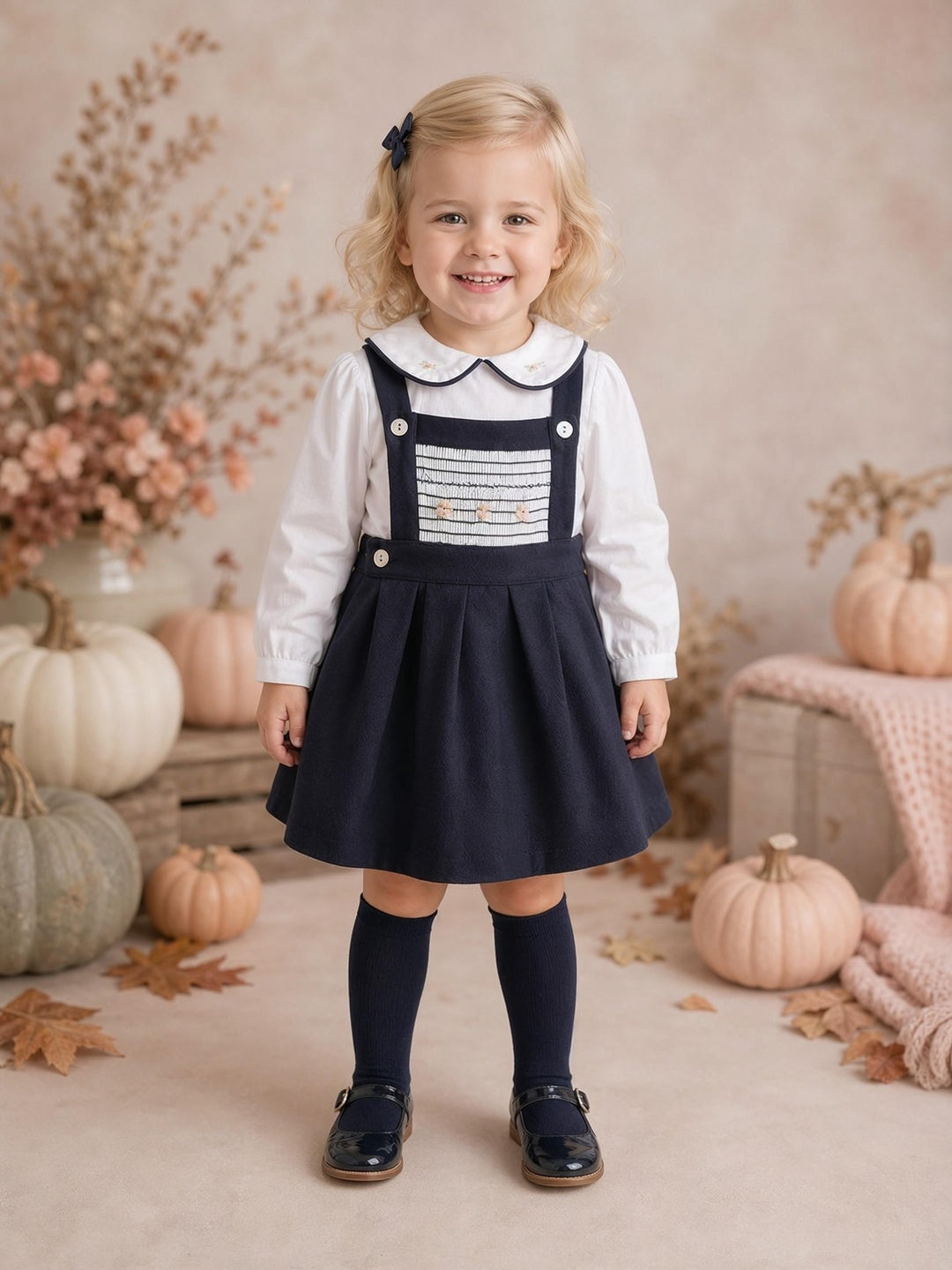 Girls Navy Pinafore Smocked Dress & Blouse