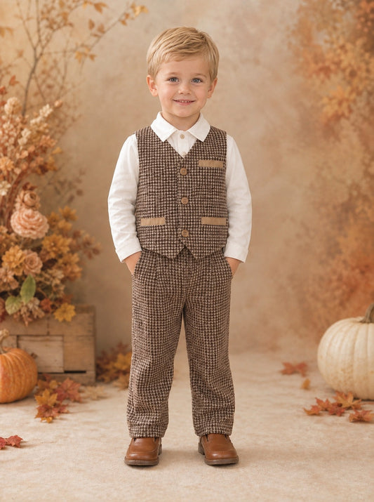 Boys Camel Waistcoat Shirt & Trousers Set
