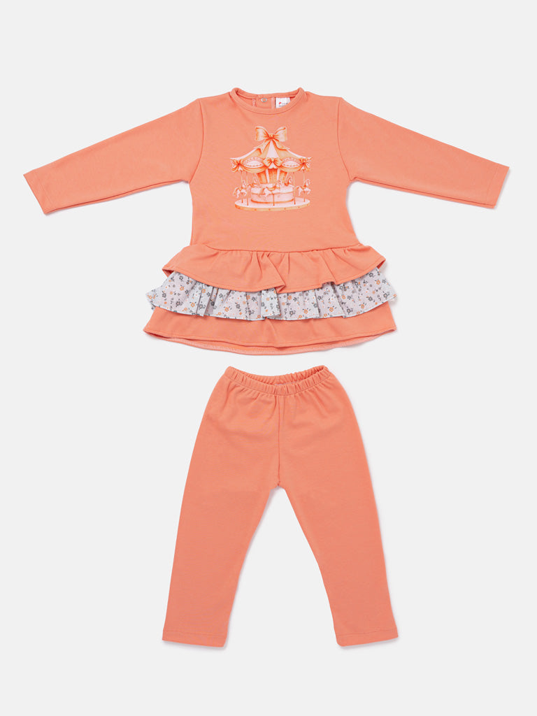 Girls Orange Carousel Top & Leggings Set