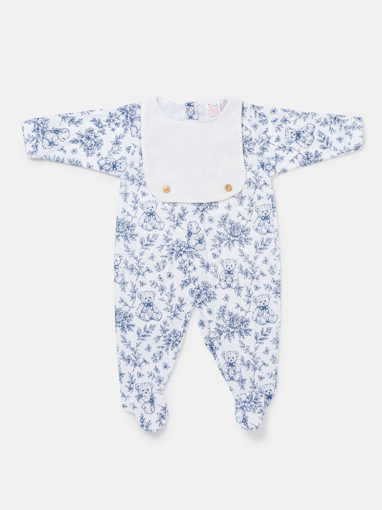 Baby Boys Blue Attached Bib Teddy Babygrow