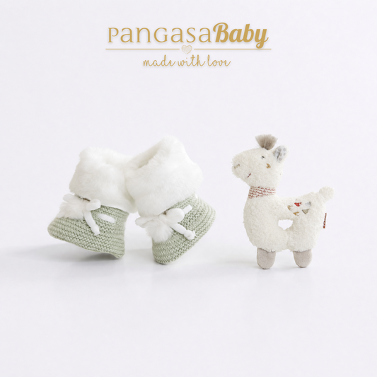 Pangasa Baby Powdered Green Fur Cuffed Knitted Booties ~ AW26 Preorder