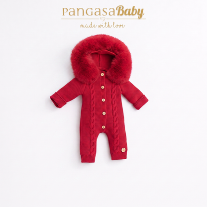 Pangasa Powder Pink Natural Fur Cable Knitted Pramsuit - Preorder