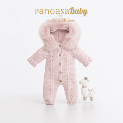 Pangasa Powder Pink Natural Fur Cable Knitted Pramsuit - Preorder
