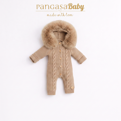 Pangasa Ivory Natural Fur Cable Knitted Pramsuit - Preorder
