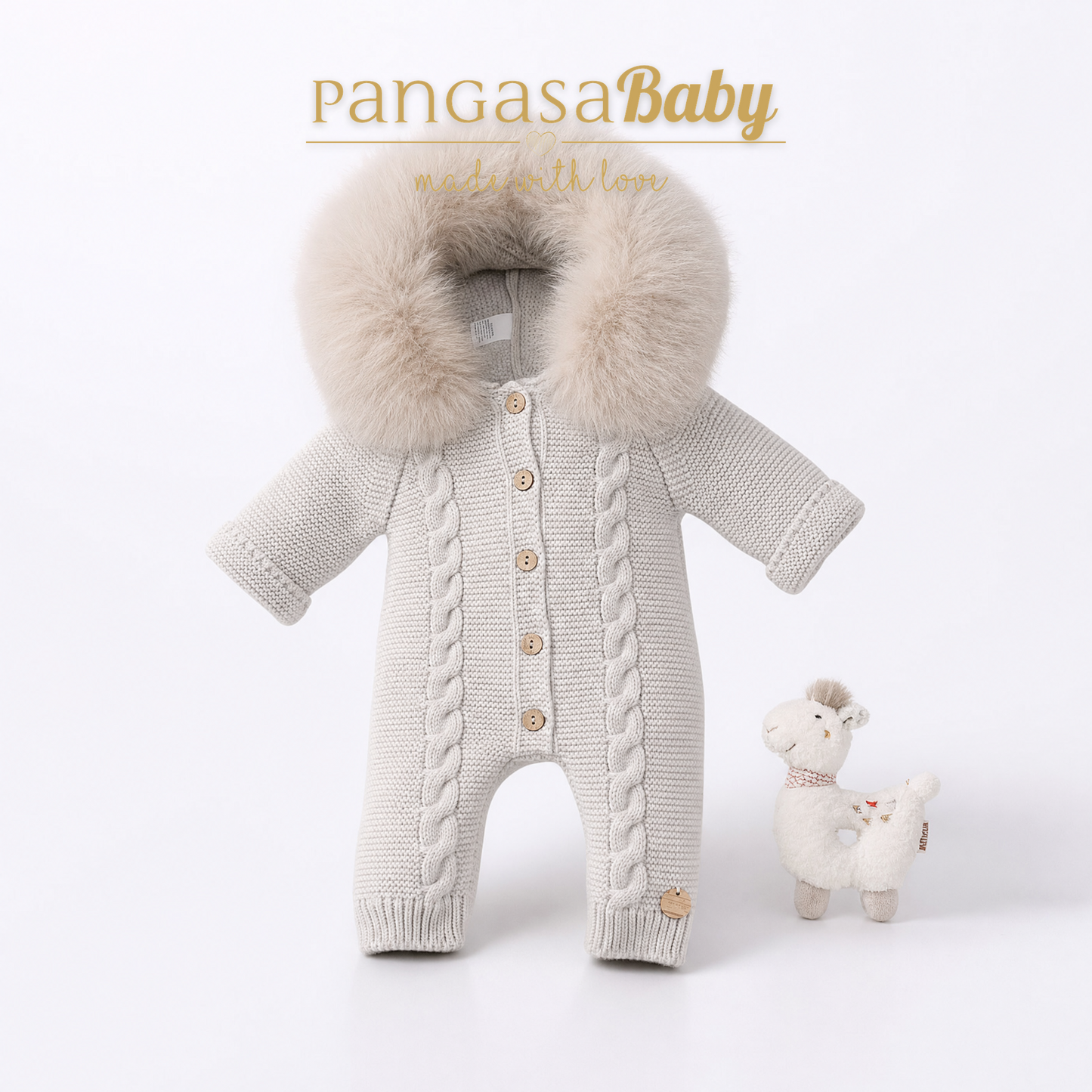 Pangasa Powder Pink Natural Fur Cable Knitted Pramsuit - Preorder