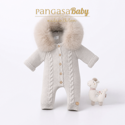 Pangasa Powder Pink Natural Fur Cable Knitted Pramsuit - Preorder