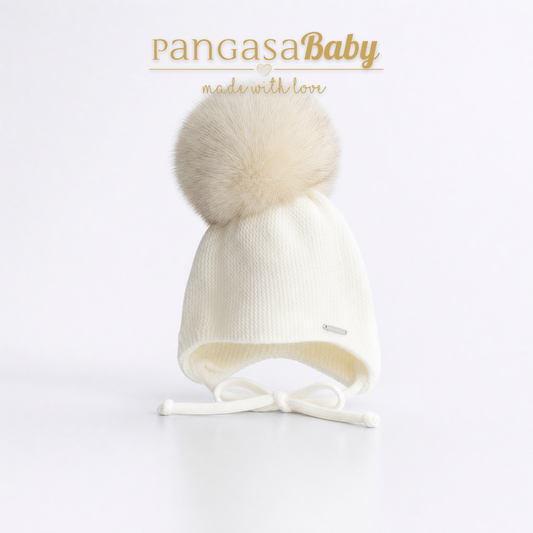 Pangasa Baby Ivory Natural Fur Pom String Tie Hat - Preorder
