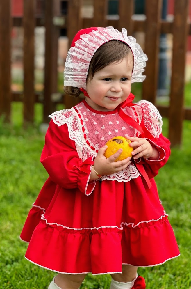 Girls Noelia Red Dress with knickers & Bonnet AW (Made to order)