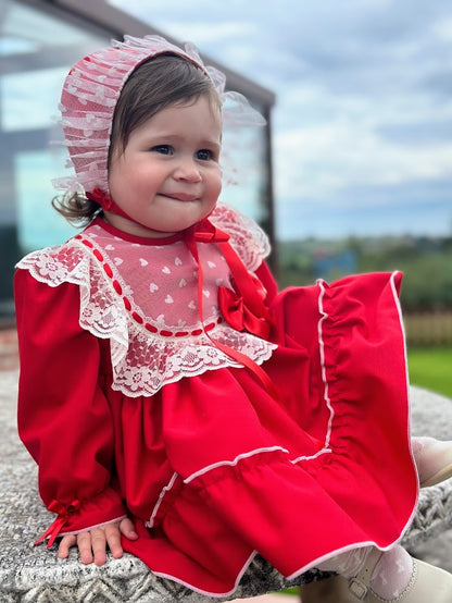 Girls Noelia Red Dress with knickers & Bonnet AW (Made to order)