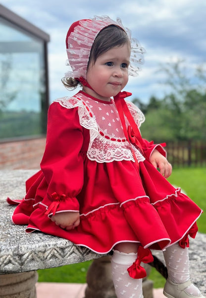 Girls Noelia Red Dress with knickers & Bonnet AW (Made to order)