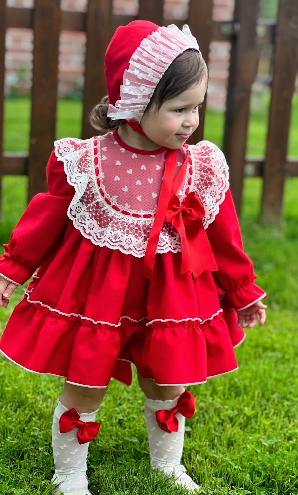Girls Noelia Red Dress with knickers & Bonnet AW (Made to order)