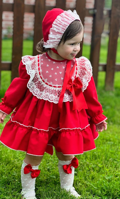 Girls Noelia Red Dress with knickers & Bonnet AW (Made to order)