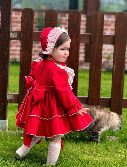 Girls Noelia Red Dress with knickers & Bonnet AW (Made to order)