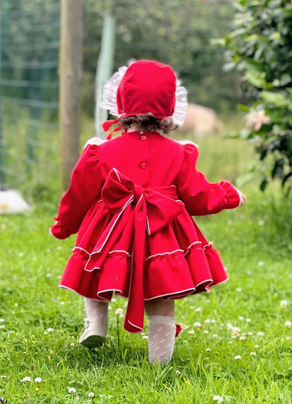 Girls Noelia Red Dress with knickers & Bonnet AW (Made to order)