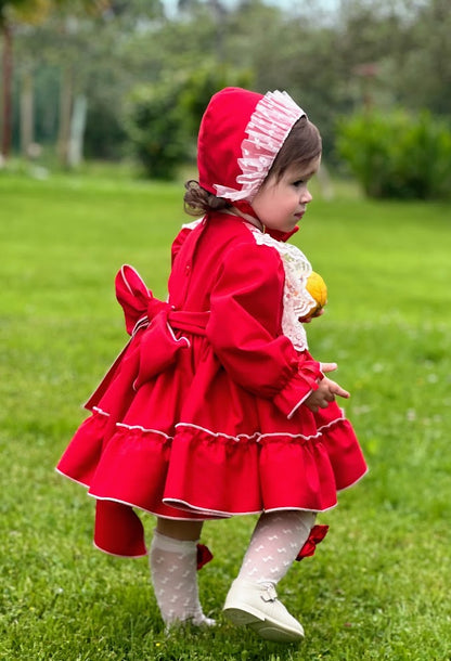 Girls Noelia Red Dress with knickers & Bonnet AW (Made to order)