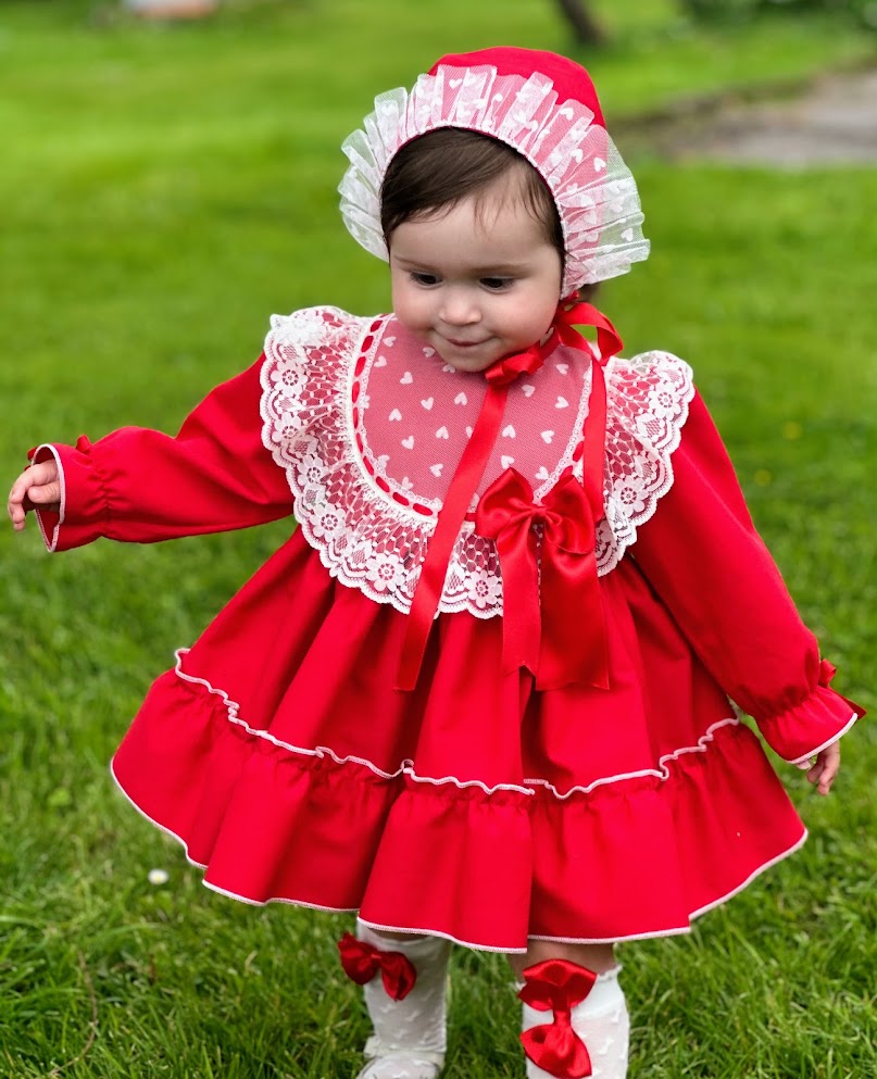 Girls Noelia Red Dress with knickers & Bonnet AW (Made to order)