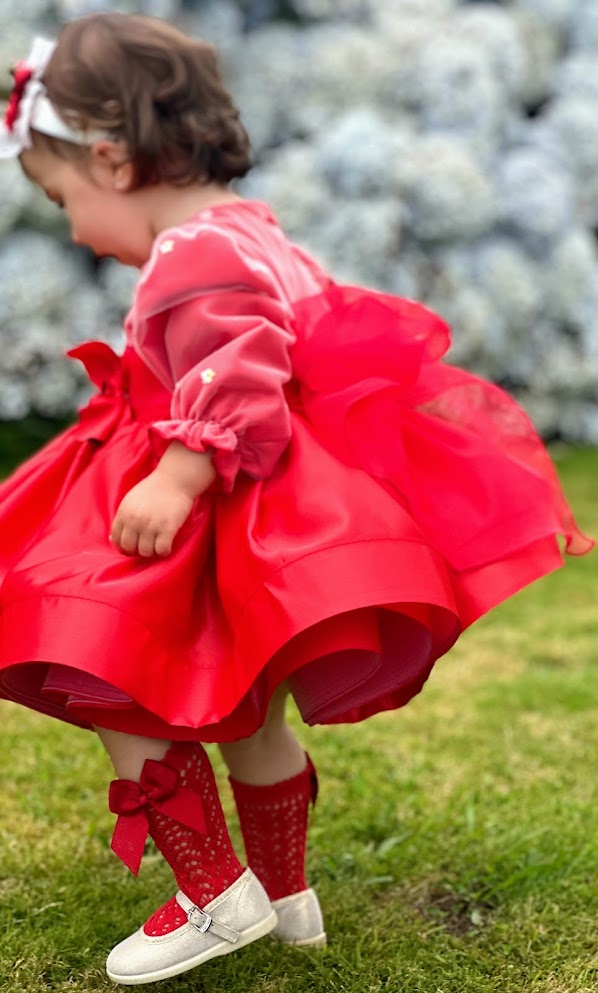 Girls Mariposa Red Satin Dress AW (Made to order)