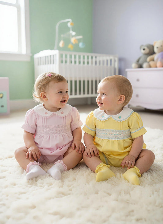 Baby Girls Yellow & Baby Blue Smocked Romper