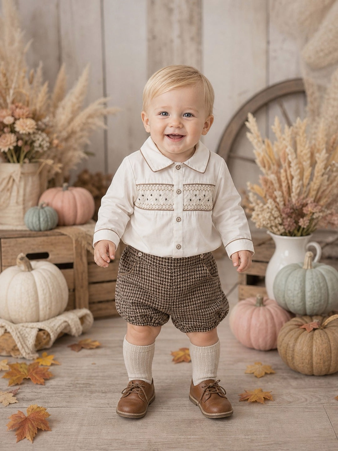 Boys Camel Checked Smocked Shirt & Short Set