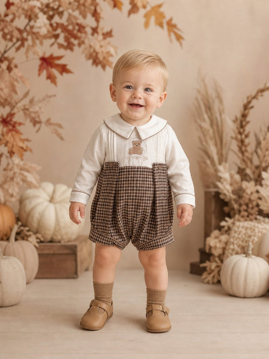 Boys Camel Checked Teddy Romper