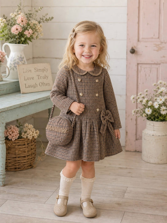 Girls Camel Checked Dress & Matching Bag Set