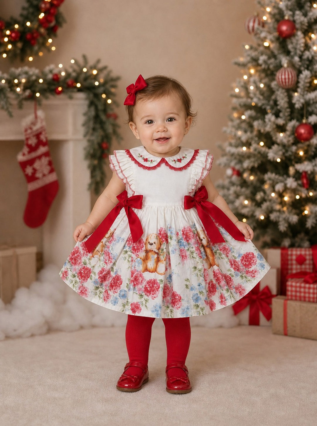 Girls Red Teddy Bear Print Dress