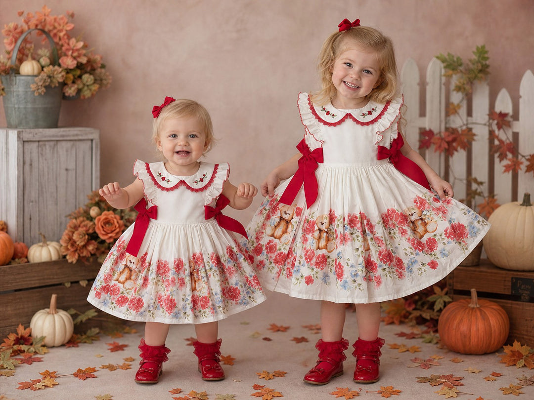 Girls Red Teddy Bear Print Dress