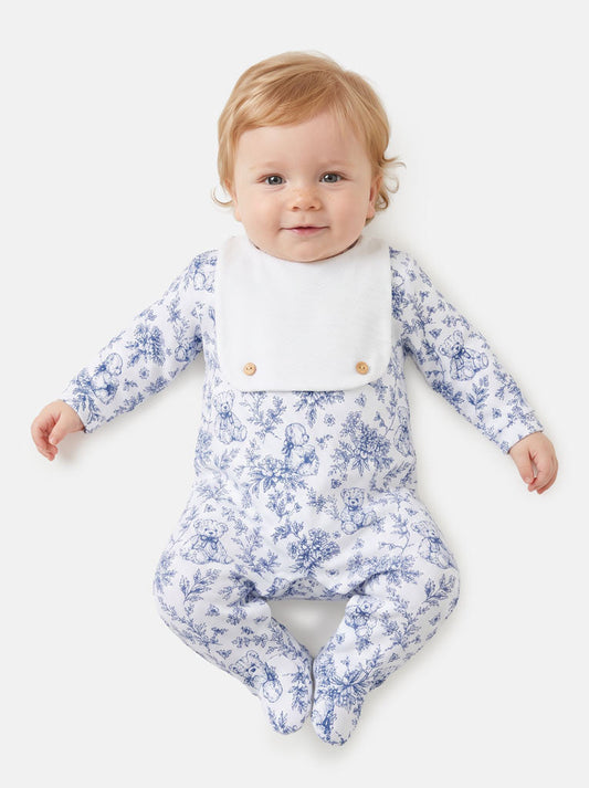 Baby Boys Blue Attached Bib Teddy Babygrow