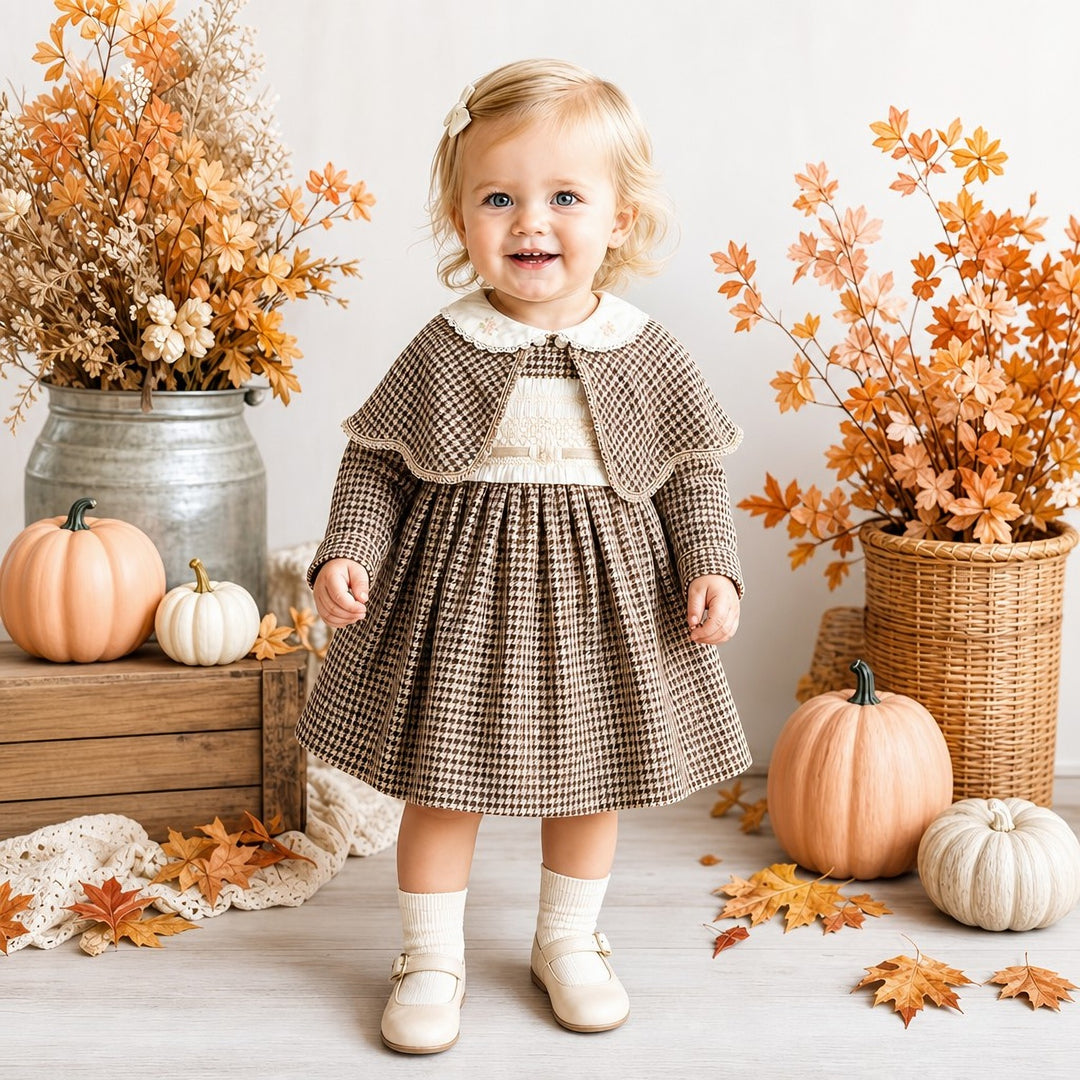 Girls Camel Checked Tweed Dress & Cape