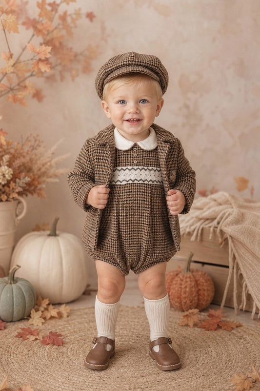 Boys Camel Checked Jacket & Hat