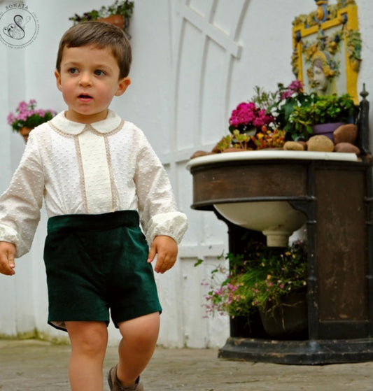 Sonata Boys Green Velvet Shorts & Shirt Set AW (Made to order)
