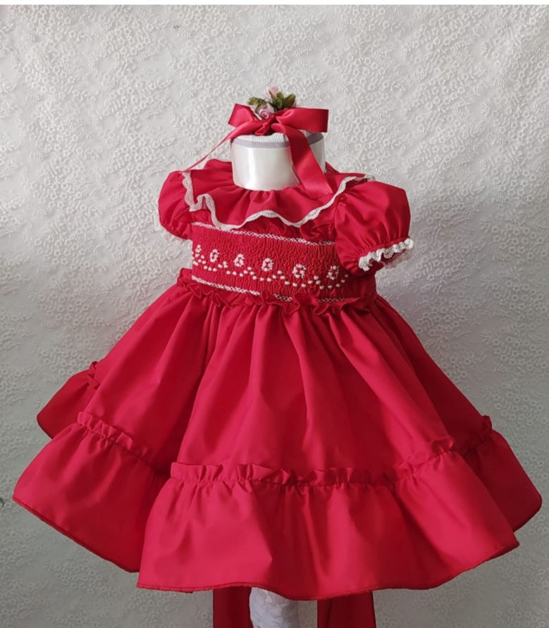 Sonata Red Handsmocked Dress AW (Made to order)