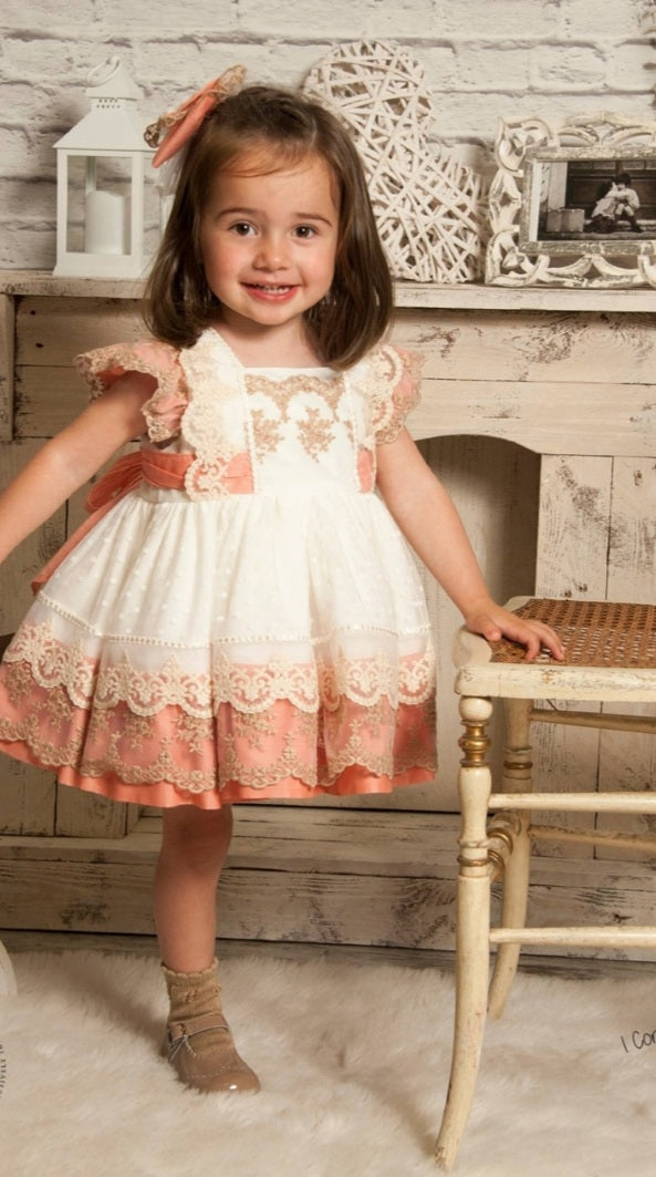 Girls Coral Lace Dress - (Made to order)